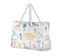 Childish Doodle Striped Cute Dinosaurs Sandproof Shoulder Tote Bag with Side Pocketes Waterproof Tote Bag with Cup Holders on Side