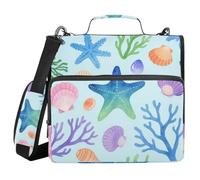 Childish Watercolor Under Marine Starfish Colorful 3 Rings Binder with Zipper with Shoulder Strap Multiple Pockets Document Organizer for School and Office