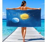Childlike, Starry Sky, Crayon Sketch, Mystical Beach Towel 180 x 100 CM Microfibre Sun, Blue Planets, Outer Space Pool Towels Sand Free Quick Dry, Swim Towels for Adult Ideal Vacation Gifts