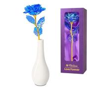 Childom Birthday Gifts for Women,Christmas Rose Gifts For Women Her Mum,Blue Rose Flower With Vase,Valentines Present,Purple Flowers for Grandma Wife Girl Anniversary Christmas Wedding Engagement