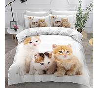Children Adult Duvet Cover Set Animal 3D Pet Cat Cute Pattern Microfiber Single Double King Size Modern Bedding Set Kitten Beige Gray Quilt cover and Pillowcase 50x75 cm (Beige,135 x 200 cm)