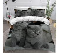 Children Adult Duvet Cover Set Animal 3D Pet Cat Cute Pattern Microfiber Single Double King Size Modern Bedding Set Kitten Beige Gray Quilt cover and Pillowcase 50x75 cm (Grey,220 x 240 cm)