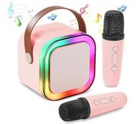 Children and Adults Karaoke Machine, Mini Portable Bluetooth Karaoke Speaker with 2 Wireless Microphones and LED, Birthday Gift for Boys and Girls Aged 4-12, Home KTV, Travel Essential Product (Pink)