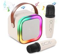 Children and adults karaoke machine, mini portable Bluetooth karaoke speaker with 2 wireless microphones and LED, birthday gift for boys and girls aged 4-12, home KTV, travel essential product (white)