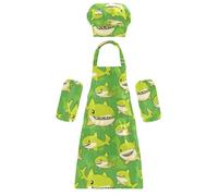 Children Artist Apron Creative Cartoon Cute Shark Green Toddler Chef Hat Apron Baking Set for Kids Arts Crafts 3-12 Years Old