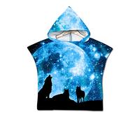 Children Beach Towel Robe Bathrobe Poncho, Treer 3D Cartoon Kids Baby Swim Wetsuit Swimwear Changing Towel Beach Bath Beach Robe Hooded Bath for Surfing Swimming Girl Boy (60x60cm,Galaxy Wolf)