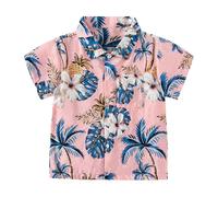 Children Boys Summer Casual Shirt Short Sleeve Turn-down Collar Tropical Hawaiian Style Print Tops Seaside Holiday Daily Wear Pink 130