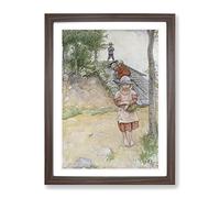 Children By The Cellar By Carl Larsson Classic Painting Framed Wall Art Print, Ready to Hang Picture for Living Room Bedroom Home Office Décor, Walnut A4 (34 x 25 cm)