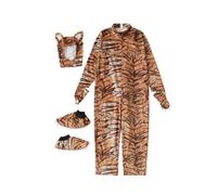Children Cosplay Costume Tiger Jumpsuit Outfit Bodysuit With Realistic Stripes Hood Ears Tail Flannel Lightweight With Foot Covers suitable for Halloween school plays themed events roleplay , XS