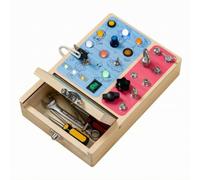 Children Early Board Wooden Activity Box Busy Board Toy With Hinged Lid Storage LED Buttons Toggle And Knobs Screws And Nuts For Practical Skill Building suitable for toddler play early education