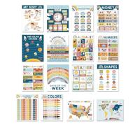 Children English Educational Poster, 16-Pack Kids Language Learning Charts, Preschool Classroom Teaching Tool, Home School Study Aid, Reading