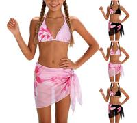 Children Girls Fashion Floral Two Piece Swimsuit Halter Float Front Bikini Top Matching High Cut Brief Breathable Swim Outfit for Mini City Break Summer Beach Holiday Layering