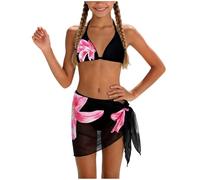 Children Girls Fashion Floral Two Piece Swimsuit Halter Float Front Bikini Top Matching High Cut Brief Breathable Swim Outfit for Mini City Break Summer Beach Holiday Layering