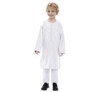 Children Muslim Robes - Boy'S Muslim Arabic Kaftan Set Long Sleeve Youth Boys' Solid Color Robe Suit Thobe National Costume Middle Teenage Boys Embroidered Robe Suit Arab (White 11-12 Years)