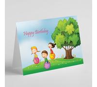 Children playing on space hoppers birthday card