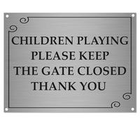 Children Playing Please Keep Gate Closed Sign A5 20 x 15 cm | Brushed Silver Aluminium Plaque with Screw Holes | Outdoor Safety Notice