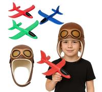 Children’s Brown Biggles Hat with Attached Glasses & 23cm Foam Glider Plane | Pilot Fancy Dress Accessory & Flying Toy | Birthday Gift for Boys Girls Aviation Lovers