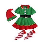 Children’s Christmas Elf Costume Santa Cosplay Set with Elf Hat Belt Striped Socks Xmas Fancy Dress Outfits for Kids Christmas Fancy Dress Costume with Accessories for Girls and Boys