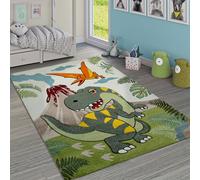 Children´s Room Rug Cute Dinos Jungle Volcano 3-D Effect Short-Pile Green