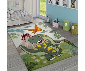 Children´s Room Rug Cute Dinos Jungle Volcano 3-D Effect Short-Pile Green