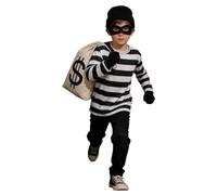 Children’s Thief Role Play Costume, Complete 5-Piece Burglar Outfit with Striped Shirt, Black Beanie, Eye Mask, Gloves and Dollar Sign Bag, Ideal for Halloween, Cosplay School Plays and Dress-Up Games