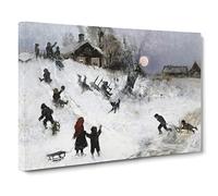 Children Sledging By Bruno Liljefors Canvas Print | Gallery Wrapped 30mm Frame Wall Art | 30x20 inches | Ready to Hang | Classic People Picture | Living Room Bedroom Lounge Office