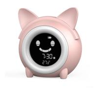 Children Sleep Trainer Cat Clock with OK to for Wake Feature - Gentle Night Light Dual Alarm Auto Off Timer Non Ticking Silent Design for Toddler Room(Blue)