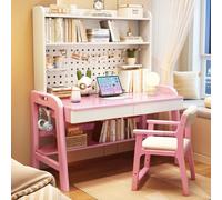 Children Study Table Height Adjustable Wooden Desk with Hutch Storage Drawer,Tier Shelf,Pegboard,Adjustable Pegboard,Rounded Corners,Spacious Desktop,Bottom Storage,for Studying A,80cm