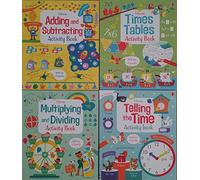 Children Usborne Educational Workbooks 4 books set Addition subtraction Times Tables Telling the Time Multiplying dividing KS1 KS2 boys Girls paperback Ages 5+