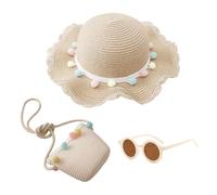 Children's and Women's Straw Sun Hat Set - Beach Summer Collection With Small Bag and Sunglasses, Beige
