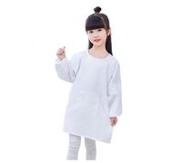 Children's Art Smock with Long Sleeves and Front Pocket, Waterproof Nylon Material for Painting, Drawing, and Messy Play, Adjustable Snap Closure, Ages 2-8, Solid Color Design (White, 100/中码)