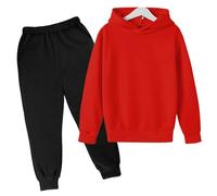 Children's Autumn and Winter Solid Color Padded Hoodie Sweatshirt Set Piece Set Matching Outfits (Red, 9-10 Years)
