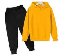 Children's Autumn and Winter Solid Color Padded Hoodie Sweatshirt Set Piece Set Matching Outfits (Yellow, 9-10 Years)