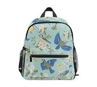 Children's Backpack with Chest Strap, Kids Schoolbag Blooming Flowers Birds On Teal Students Bookbag for Boys Girls