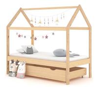 Children's Bed with Drawer Made of Solid Pine Wood, 80 x 160 cm, Slatted Frame and Wheels, Convertible with Slip-On Rungs for Children's Room and Bedroom, Grows with Your Child and Height Adjustable