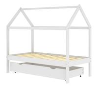 Children's Bed with Drawer, White, Solid Pine Wood, 80 x 160 cm, Slatted Frame, Wheels, Grows with Your Child, Height Adjustable, Children's Room, Bedroom, Junior Bed, Convertible, Slip-On Rungs