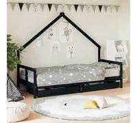 Children's Bed with Drawers, Black, 80 x 200 cm, Made of Solid Pine Wood with Slatted Frame, Storage Space, House Bed Design, Suitable for Girls and Boys Children's Room