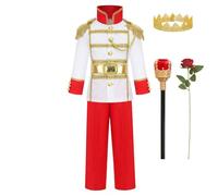 Children's Boys Fairytale Prince Costume Jacket Top Trousers Belt Crown Scepter Set Halloween Cosplay Carnival Fancy Dress for 3-12 Years