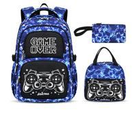 Children's Boys' Gamer Backpack, 3-Piece Set, Primary School Bag, Gamepad Bag, Waterproof School Bag with Pencil Case and Lunch Bag, Large Comfortable Size for School Travel, Flash Blue, Gamer