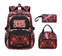 Children's Boys' Gamer Backpack, 3-Piece Set, Primary School Bag, Gamepad Bag, Waterproof School Bag with Pencil Case and Lunch Bag, Large Comfortable Size for School Travel, Red Graffiti, Gamer