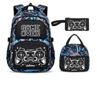 Children's Boys' Gamer Backpack, 3-Piece Set, Primary School Bag, Gamepad Bag, Waterproof School Bag with Pencil Case and Lunch Bag, Large Comfortable Size for School Travel, Graffiti Blue, Gamer