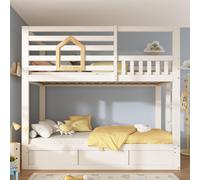 Children's Cabin Bunk Bed with Hydraulic Underbed Storage, Space-Saving Bed Frame with Integrated Ladder, 200L x 102W x 184H cm, White Aosom UK