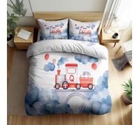 Children'S Cartoon Duvet Cover 135x200 cm Steam Train Kitten Quilt Cover Soft Breathable Brushed Microfibre Single Bedding Set 3PCS with Zipper Closure, Pillowcases 50x75 cm