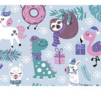 Children's Christmas Fabric - Dinosaur Unicorn Llama Flamingo Sloth Party on Blue Background 100% Cotton 59" Wide (58432MSA)