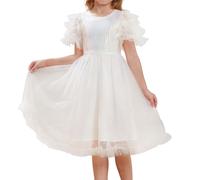 Children's Clothing Girls Tulle Netting Sequins A Line Hem Short Sleeve Dress Party Dress White 10 Years