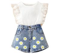 Children's Clothing Summer Girls Suit Foreign Girl New Mesh Lace Top Embroidered Denim Shorts New Stock Clothes (White, 2-3 Years)