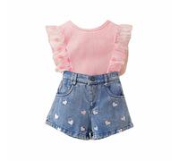 Children's Clothing Summer Girls Suit Foreign Girl New Mesh Lace Top Embroidered Denim Shorts New Stock Clothes (Pink, 5-6 Years)