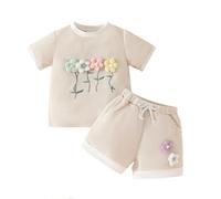 Children's Clothing Summer Style Round Neck Contrast Color Short Sleeve Suit Three Flower 2 Piece Track Suits Kids Girls Toddler Baby Boy Clothes Shorts and Tshirt Outfit Khaki