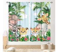 Children's Curtains, Woodland Animals, Watercolor, Forest, Jungle, Safari, Wildlife, Lion, Elephant, Giraffe, Animal World, Cartoon, Window Curtains, Treatments for Baby, Boys, Girls, Bedroom, Living