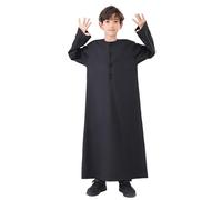 Children's Cycling Shirt, Arabian Thobe, Muslim Thobe, Long Sleeve Kaftan, Round Neck Robe, National Costume, Long Sleeve Embroidered Seal Set for Teenagers, Children, Boys, 140, black, 7-8 Years